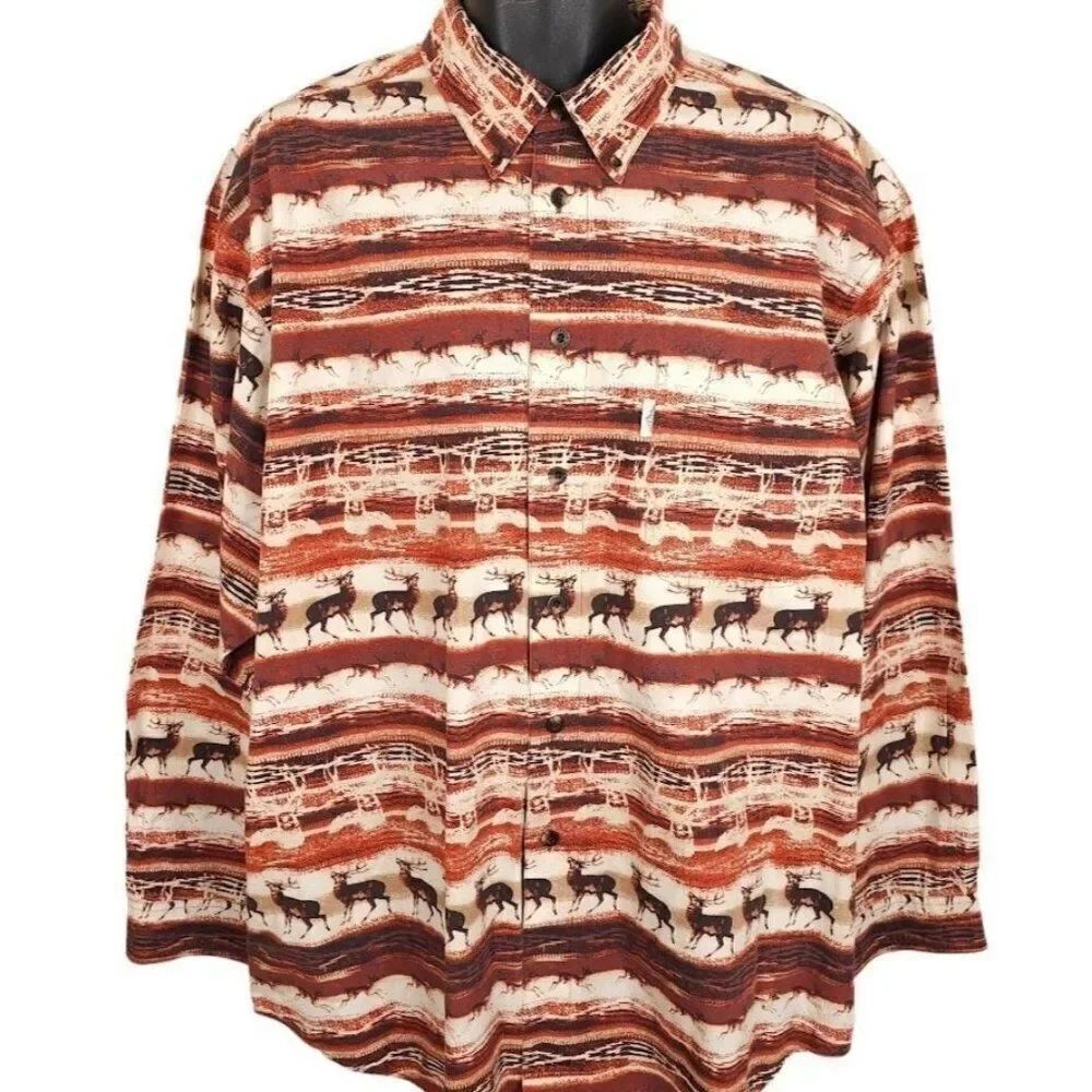 Vintage Hunting Shirt Mens Size XL Brown 90s All Over Print Deer Buck Southwest